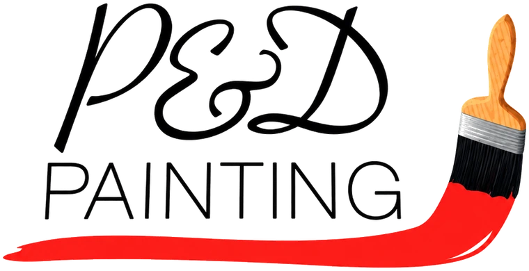P&D Painting — script monogram above the word PAINTING, underlined by a red brushstroke