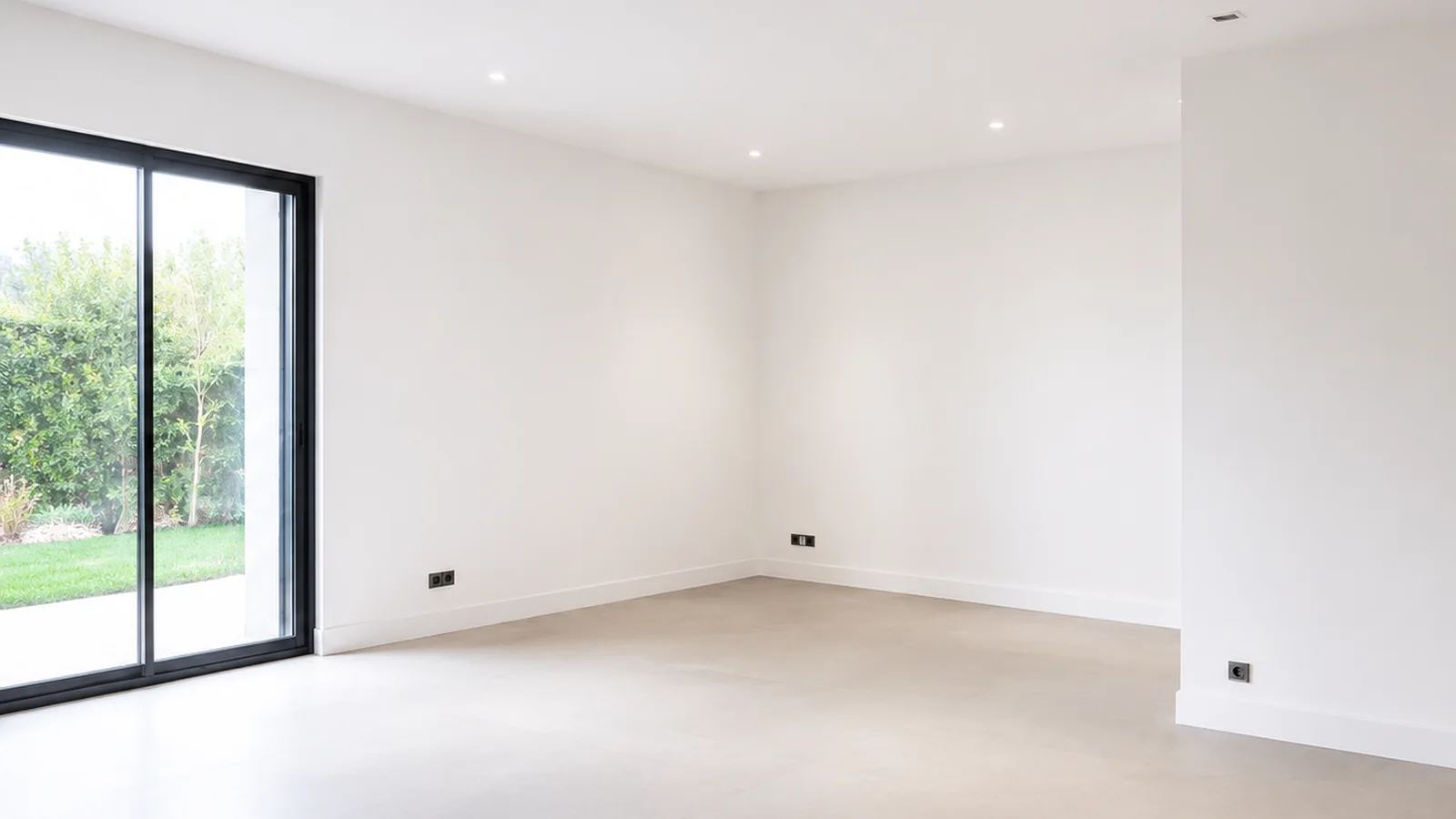The room after painting: clean white walls and ceiling, crisp skirting, daylight from the sliding door.
