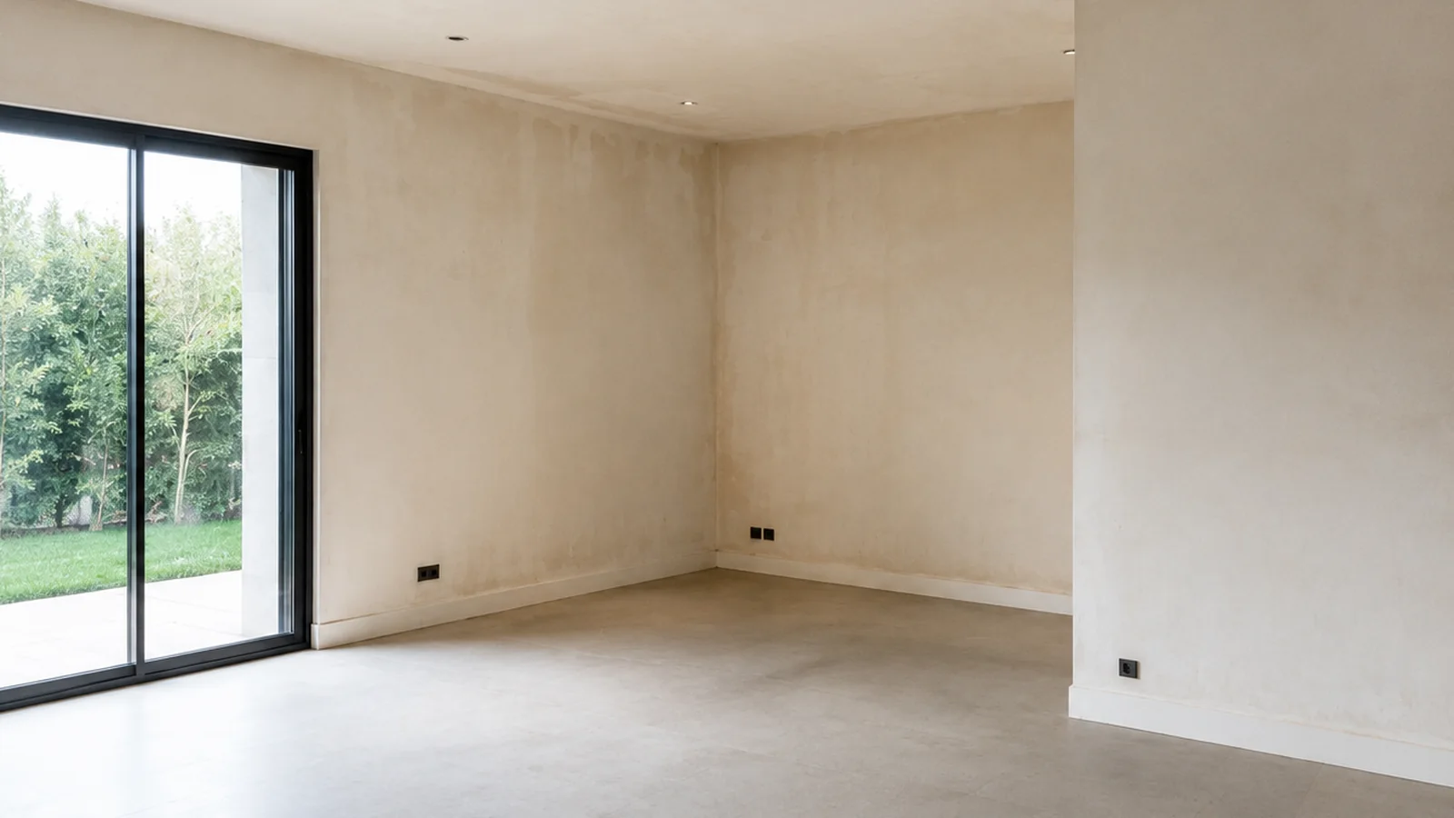 The same room before painting: bare, patchy render with staining across the walls and ceiling.